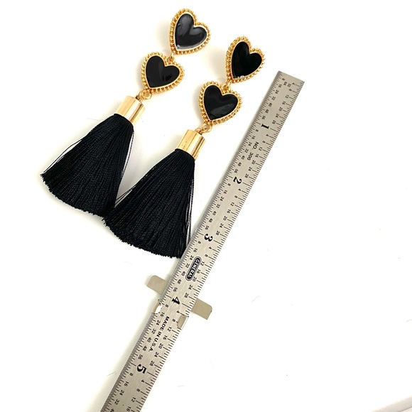 Black and Gold Heart Tassel Valentine Earrings - Picture 2 of 2